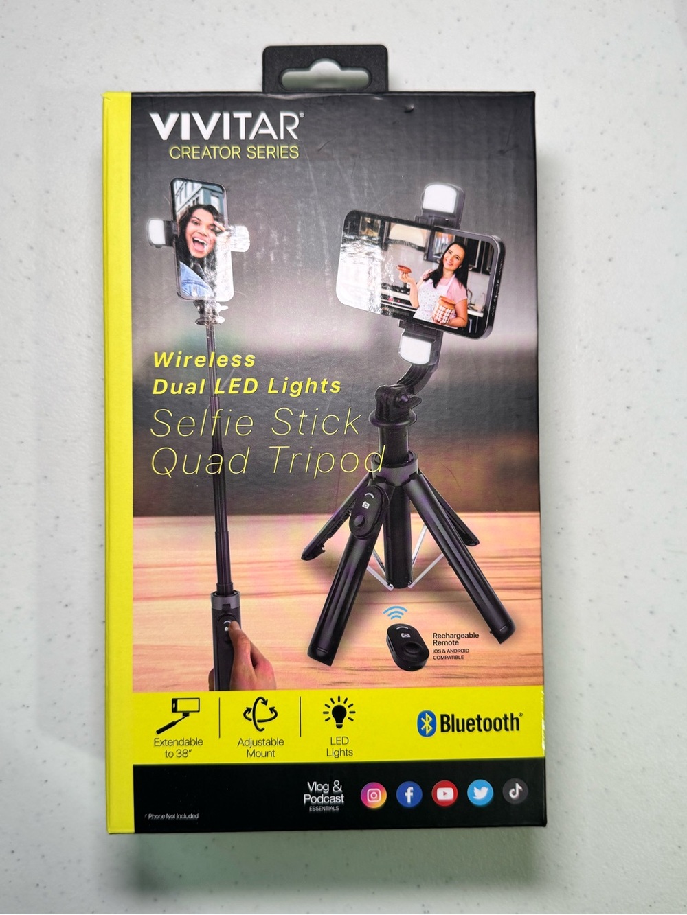 Vivitar Selfie Stick Tripod with Quad LED Lights & Wireless Remote, Black